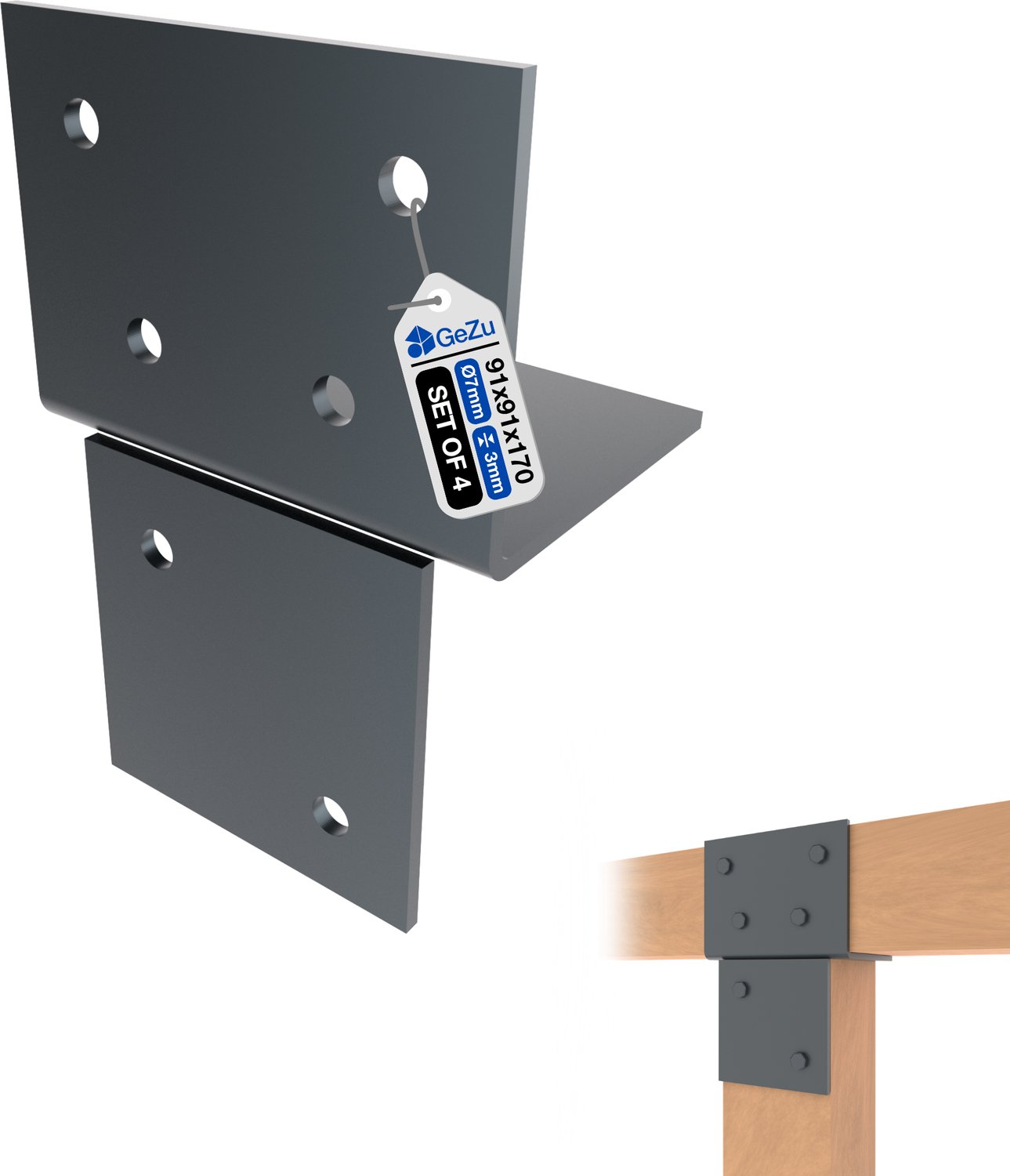 GeZu Impex Houtverbinding T Stuk 91 x 91 mm | T Ext. set van 4 Gecoat Antraciet Poeder T-Verbindingsbeugel Muur- &