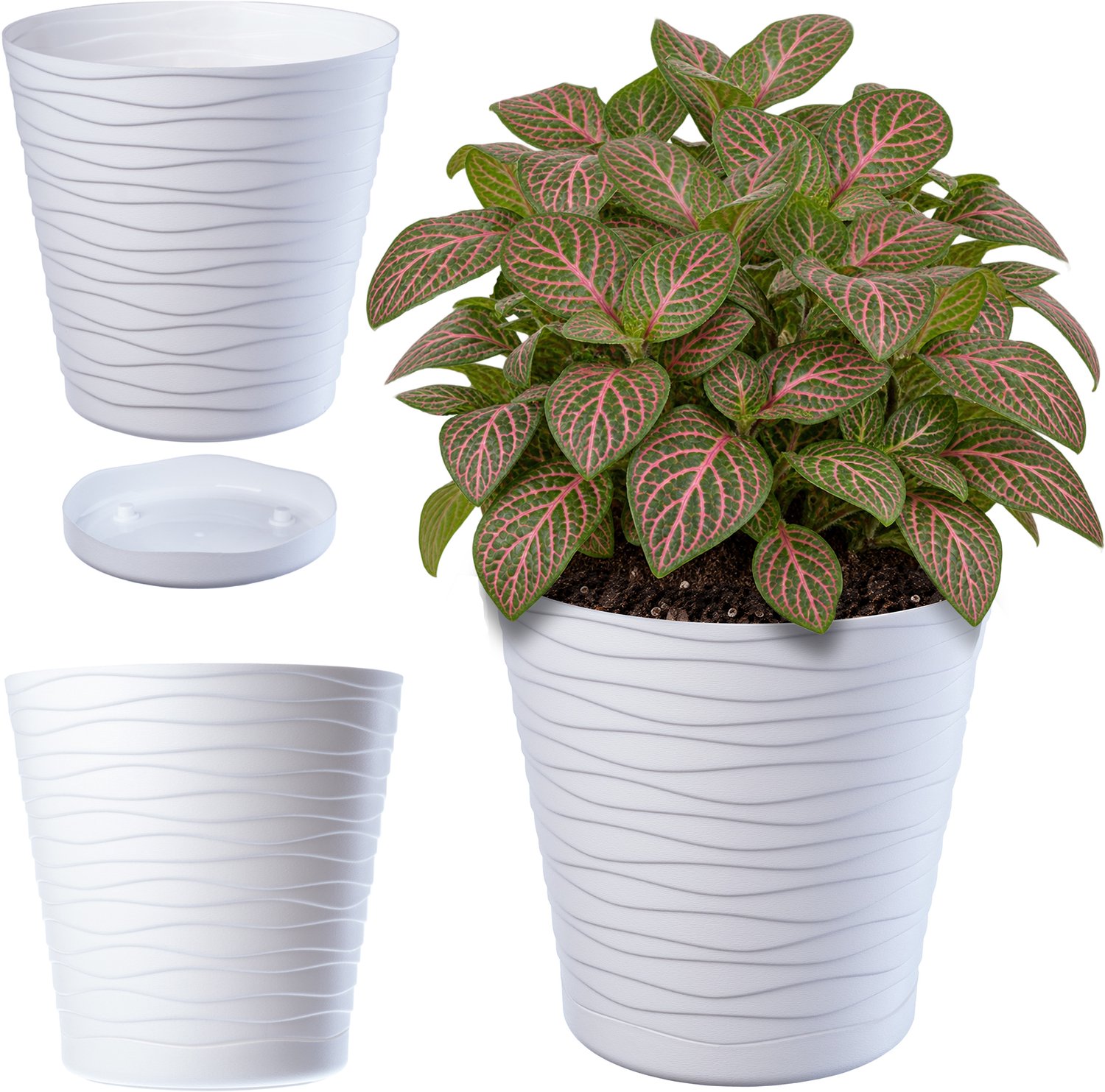 KADAX Bloempot met onderzetter, lichte ronde plantenbak voor binnen van kunststof, voor bloemen en planten (19 cm, wit)
