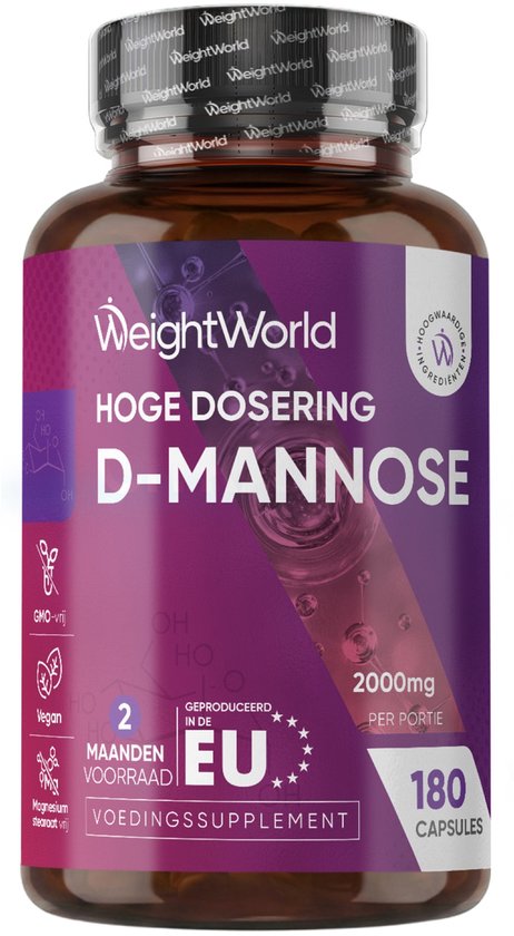 Pot WeightWorld D-Mannose 2000 mg, 180 vegan capsules, geproduceerd in de EU.