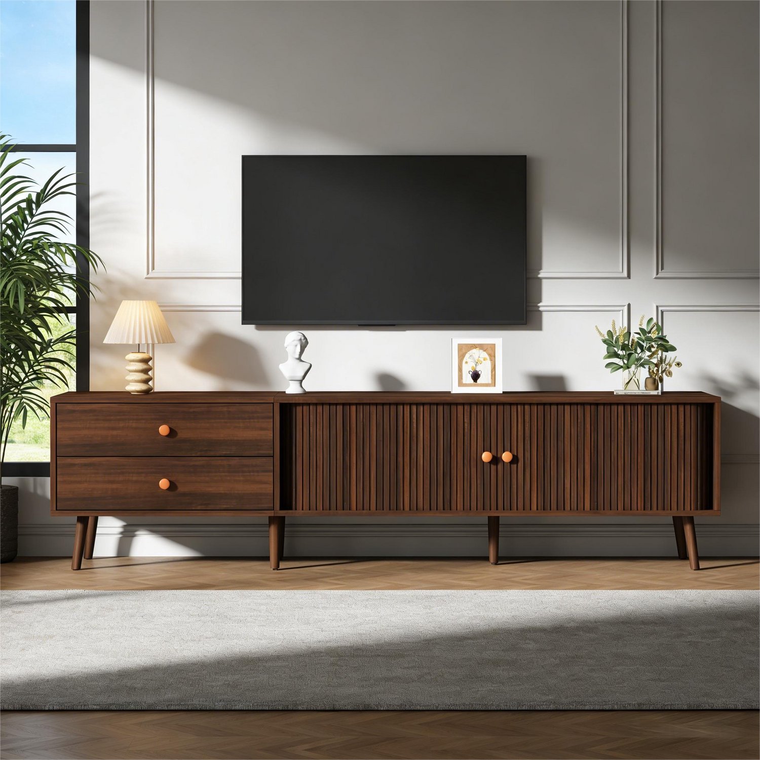 Rolipo TV-meubel 180 cm met 2 lades- 2 roldeuren en 8 steunpoten voor tv tot 80 inch - Walnootkleurig