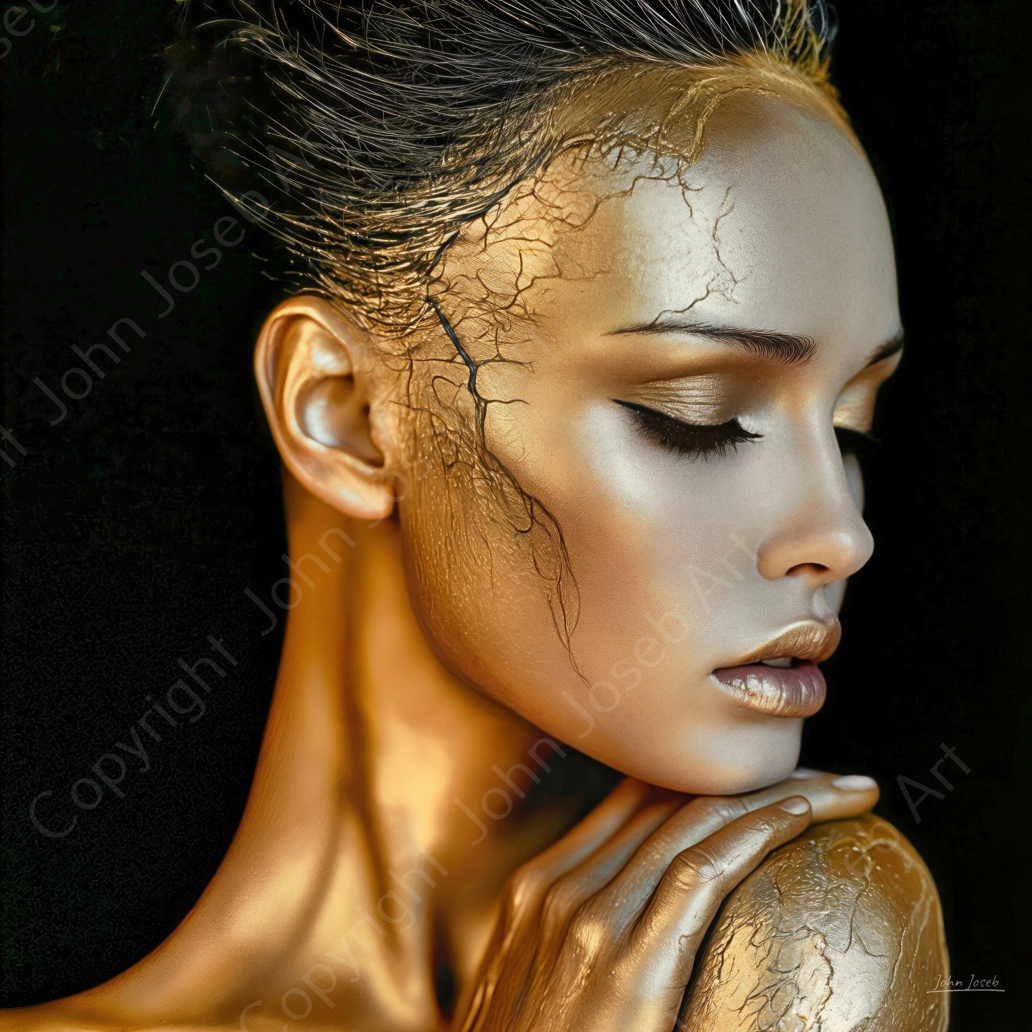 John Joseb Art (Aluminium) 60x60 | Vrouw in goud verf, gezicht, portret, gecraqueleerde huid, deels abstract, esthetisch, artistiek, kunst, vierkant, mens, goud, modern | foto-schilderij op dibond, metaal wanddecoratie Aluminium, dikte 3 mm