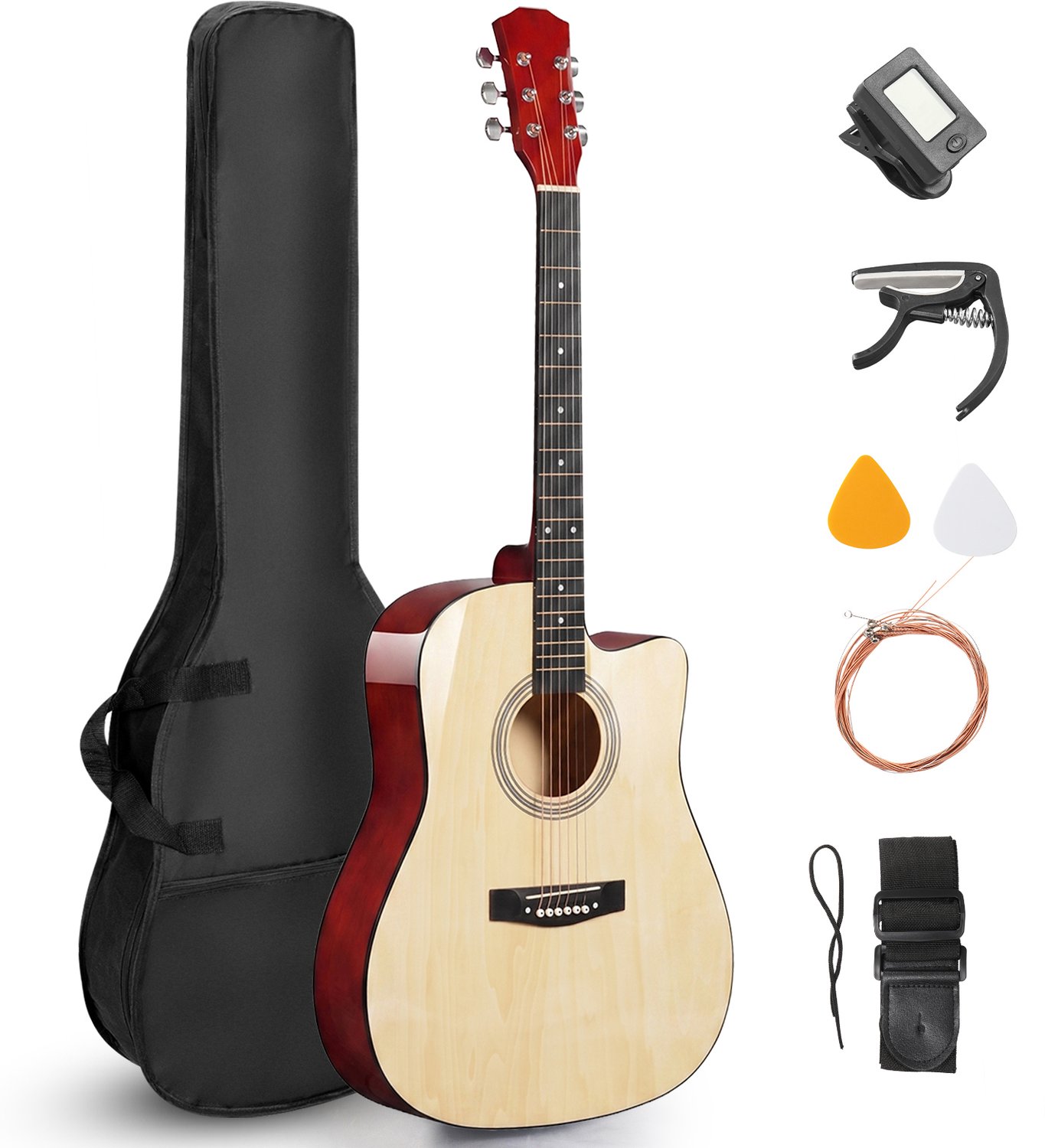 Akoestische gitaar 38 inch complete set hoes stemapparaat capo hardhout beginner, Hout