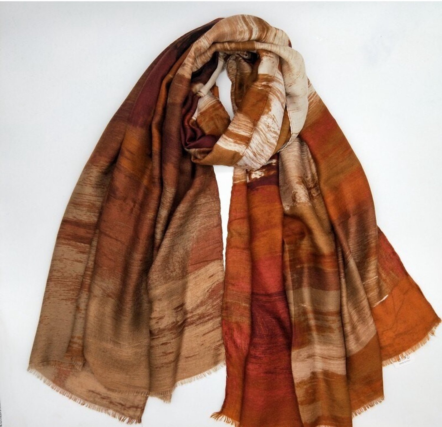 Lange dames sjaal Annika-gemeleerd motief-karamel beige donker bruin terracotta tanny