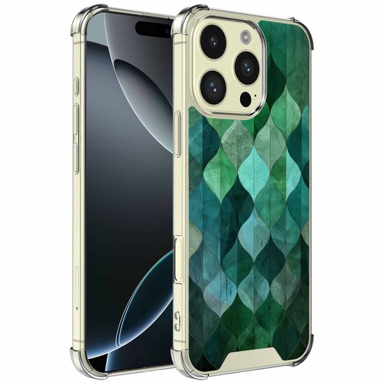 Schuin aanzicht van een iPhone 16 Pro Max met een hoesje met groen bladerenontwerp en beschermende TPU-rand.