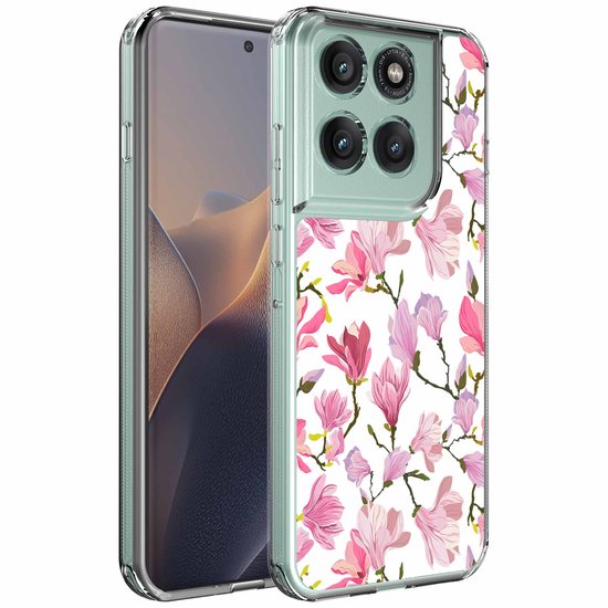 Schokbestendig hoesje voor Motorola Edge 60 Fusion, versierd met roze bloemen en mintgroene camerabescherming.