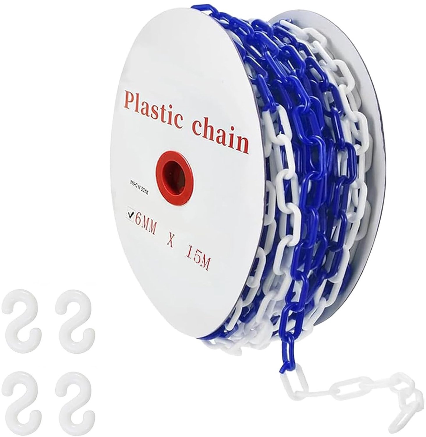 Afsluitketting van kunststof 6 mm x 15 m met 4 S-haken voor bouwplaats, parkeerplaats en wachtrijbeheer in blauw-wit