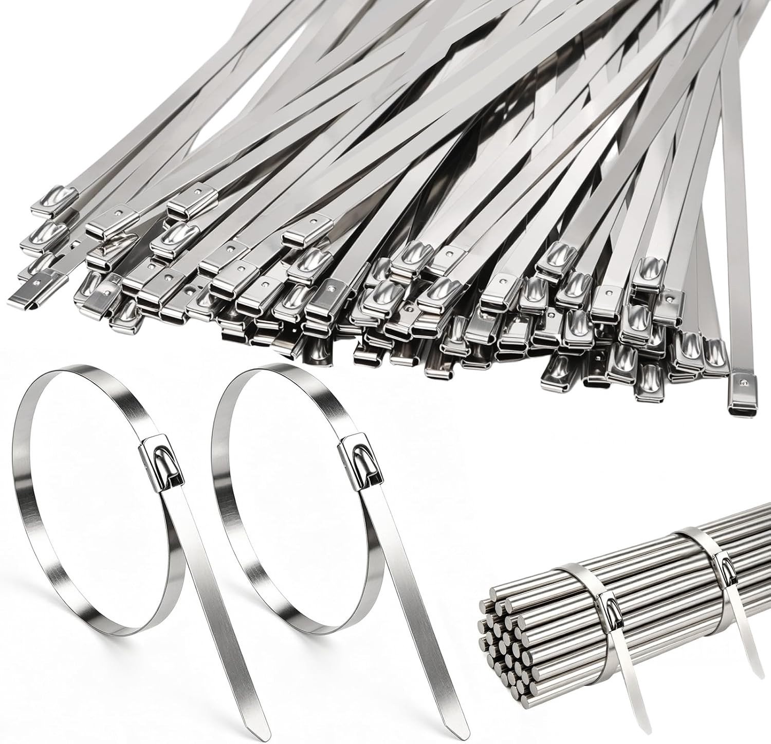 Roestvrijstalen Kabelbinders 300×0.6cm, 100 Stuks - Duurzame Zipper Ties voor Kabelbeheer, Draadbundeling en Omheiningsherstel in Zilver