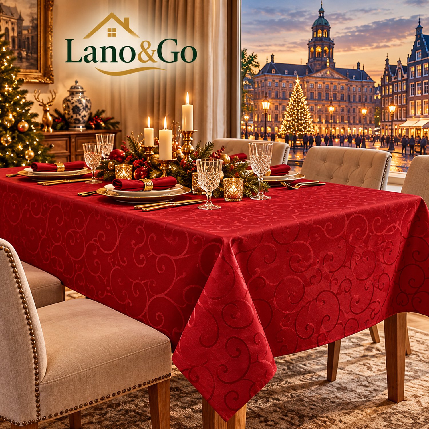 Lano&Go Tafelkleed afwasbaar rechthoekig 140 x 240 cm damast rood krasbestendig polyester