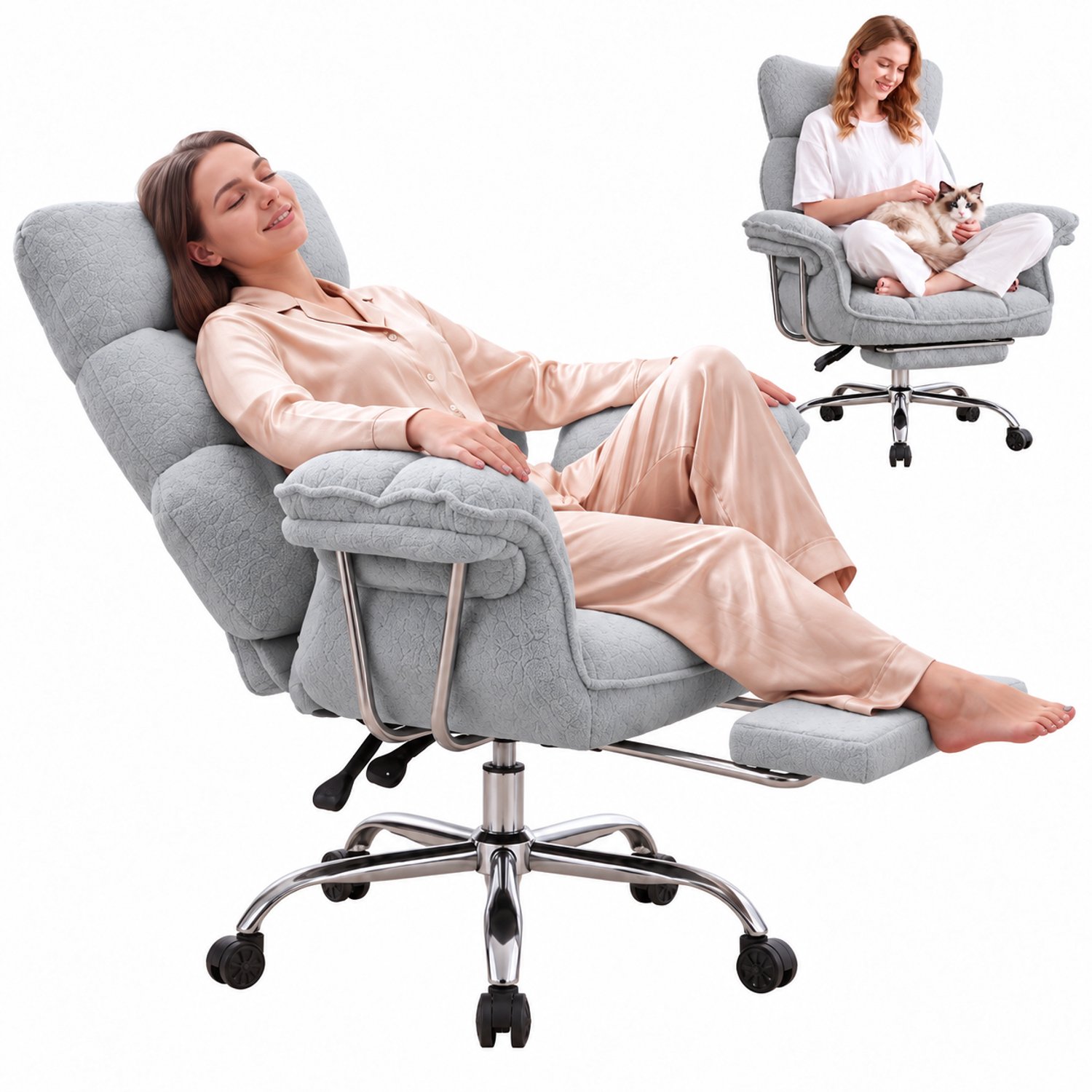 Dowinx Game stoelen - Gamestoel grijs - Ergonomische Gamestoel - Grote Bureaustoel - Gamestoel met voetsteun - Verstelbare Gamingstoel - Tot 181 kg - Game bureaustoel chair - Teddy fleece