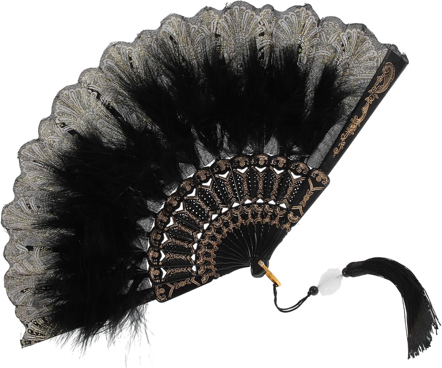 Plume Vouwwaaier met Geborduurde Bloemen Vintage Stijl Handwaaier voor Bruiloft Decoratieve Handwaaier met Zwarte Gouden Veren Lichtgewicht Duurzaam voor Dames