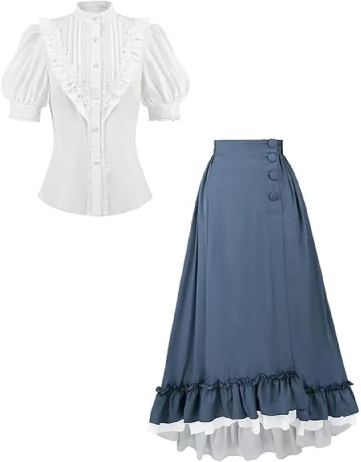 2-delige Victoriaanse jurk voor dames met pofmouwen, blouse met korte mouwen en hoge taille, rok uit de jaren 1900, renaissancekostuum, blouse-rok, set, middeleeuwse kleding, vintage rok