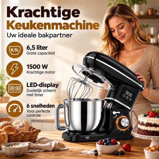 Sellino Keukenmachine - Krachtige Keukenmixer - Keukenapparaat - Deegkneedmachine - 1500 W - 6,5 L RVS Mengkom - 6 Snelheden - Zwart — afbeelding 2