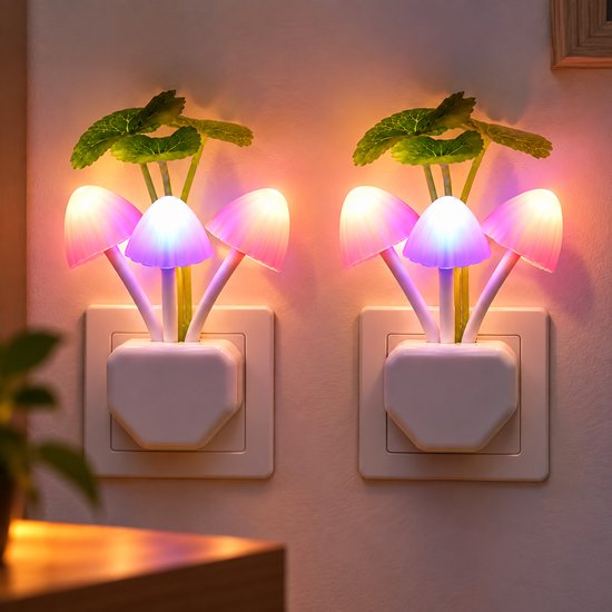 2-Pack LED Nachtlamp met Lichtsensor – 7 Kleuren – Decoratieve Paddenstoel/Bloemen Lamp – EU Stekker – Automatisch Aan/Uit — afbeelding 3