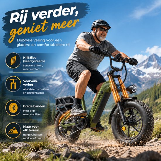 HillMiles MileLink 1 ebike 250W 65Nm, max 25 km/u, dubbele 48V lithium batterij 18+22,5Ah, 16×4 brede banden, hydraulische schijfremmen, hoog belastbare achterdrager, stads en off-road fiets, Grijs — afbeelding 4