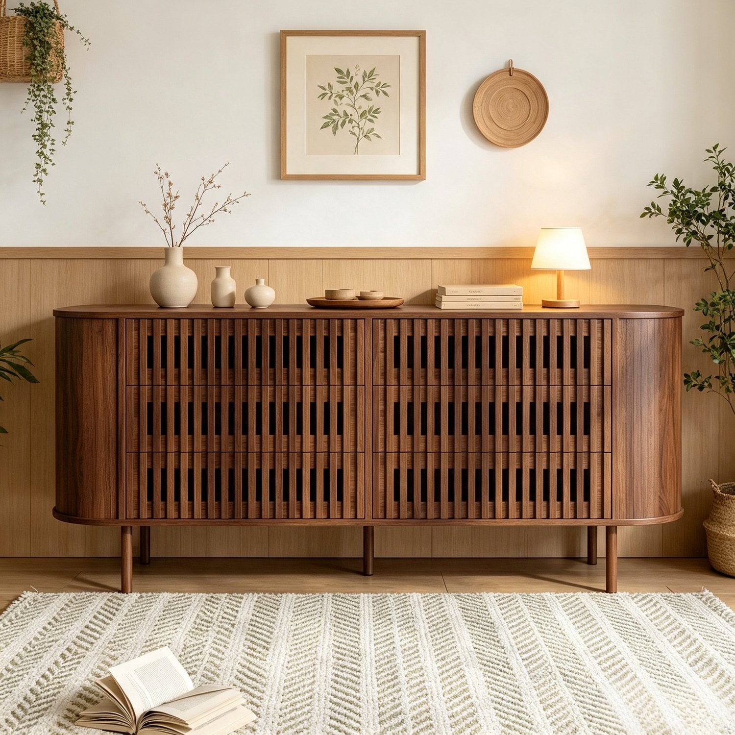 Dressoir 160 cm breed met 6 laden en lattenfront - MDF opbergkast walnootkleur
