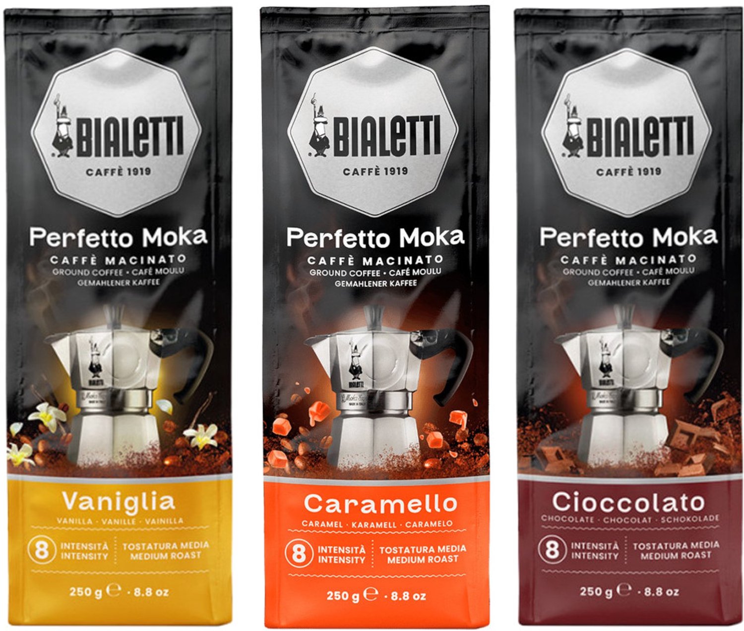 Bialetti Perfetto Moka Nocciola Caramello Cioccolato - Mixverpakking - Gemalen Koffie - 750g (3x250g)