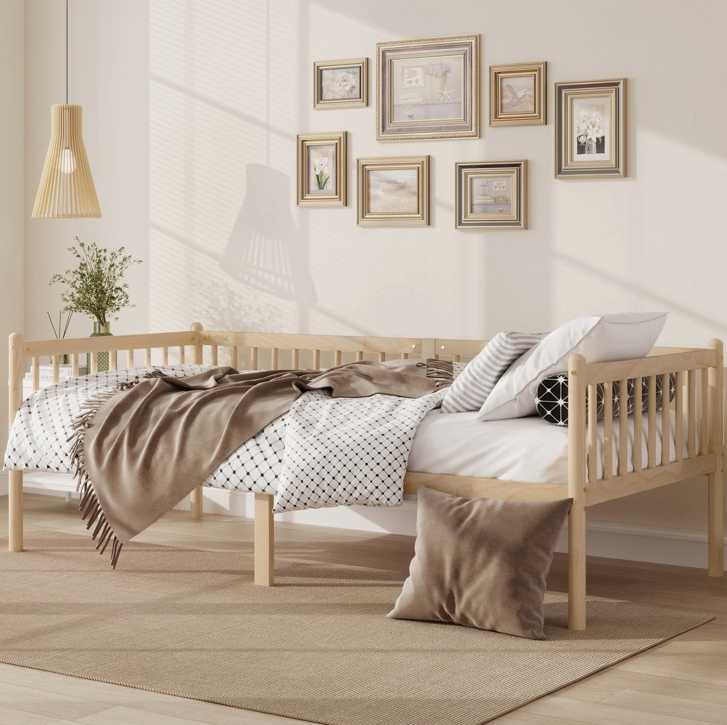 CHICFURN Bedbank 90 x 200 cm - 3-zijdige veiligheidsleuningen - Hout - Naturel