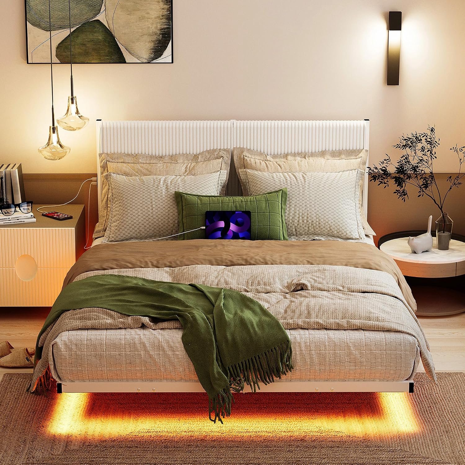 120 x 200 cm met hoofdeinde, visueel zwevend effect, bed met ledverlichting, laadstation, tweepersoonsbed voor tieners, wit
