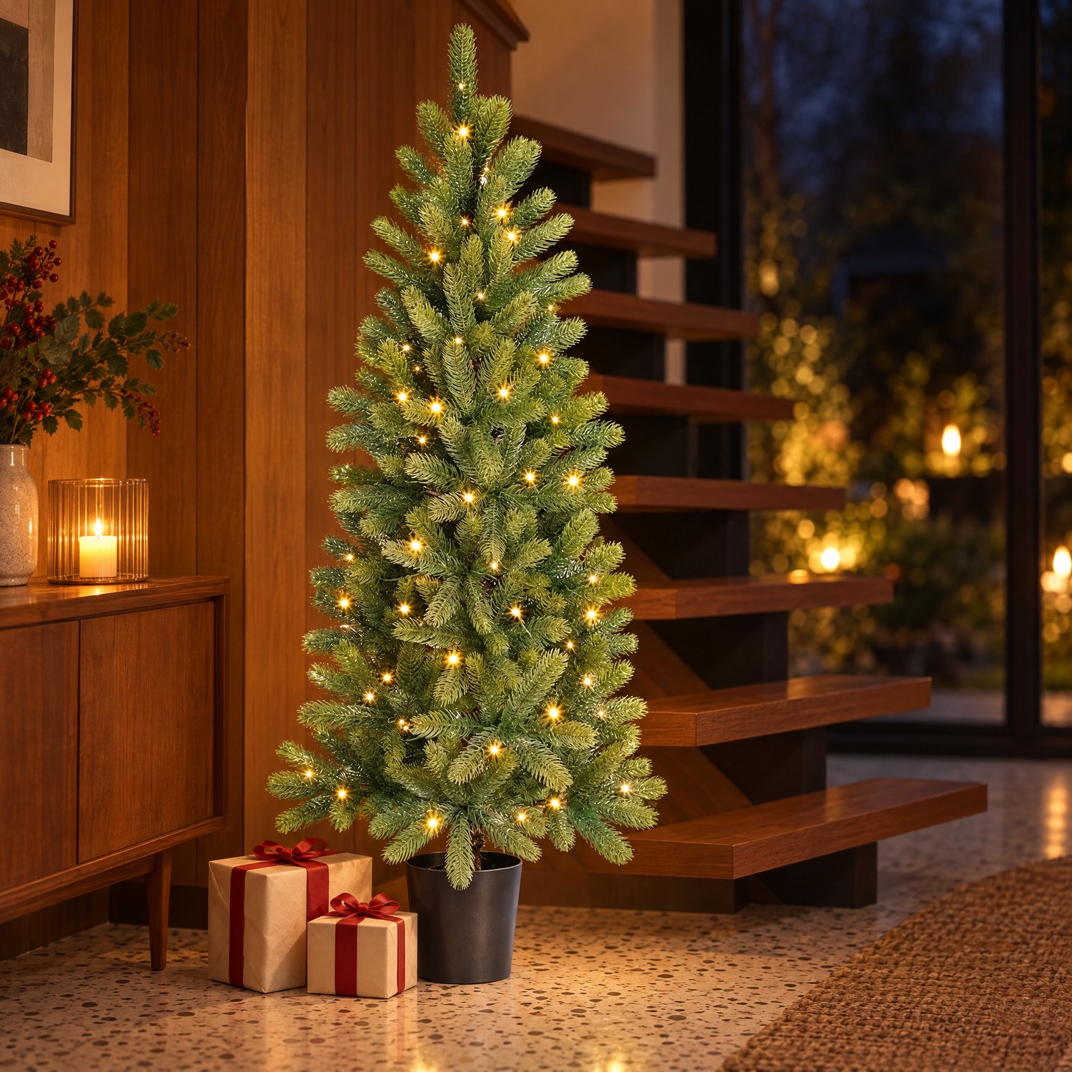 Cheqo® Kunstkerstboom met Verlichting 120 cm Groen - Kerstboom met Kerstlampjes - Kunstkerstboom in Pot - Kerstboom op Batterijen - Warm Wit LED - Timer - Kerstdecoratie voor Binnen - Kerstverlichting - Kerstversiering - Sfeerverlichting