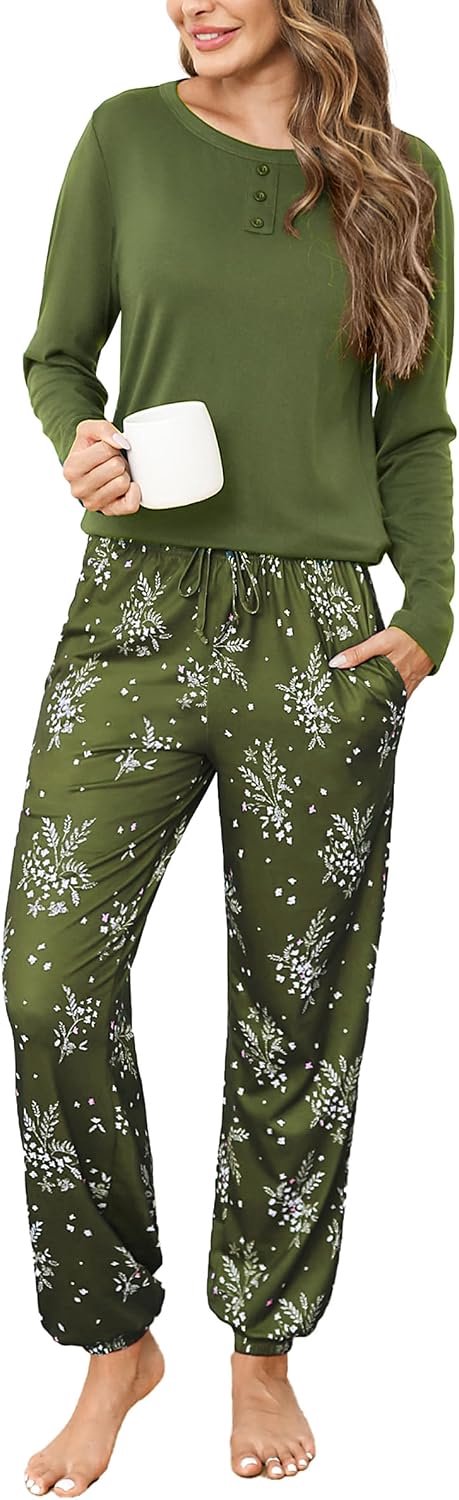 Damespyjama van katoen, lange mouwen, met zak, herfst, winter, bedrukte broek met manchetten