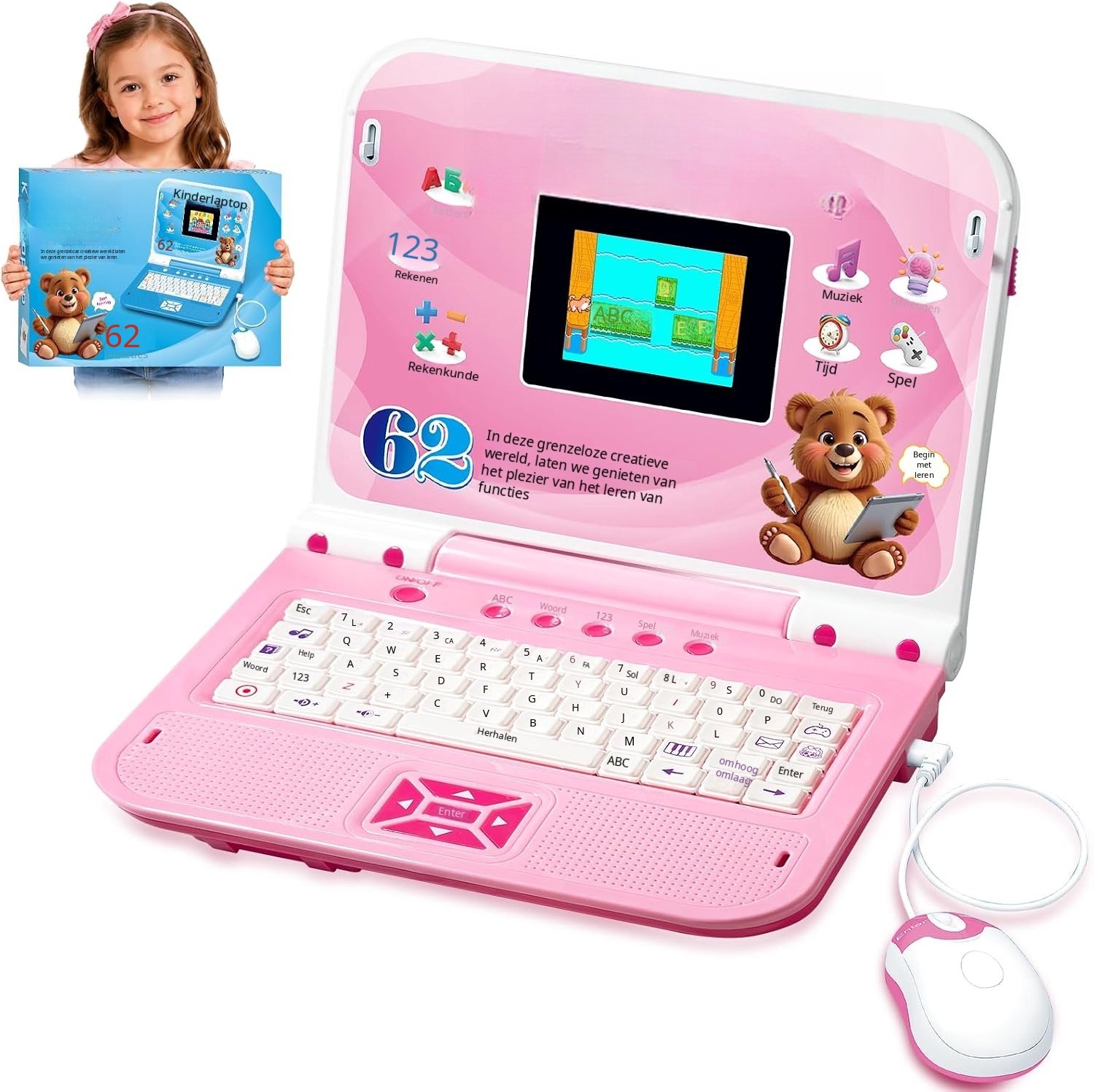 QEVA Kinderlaptop - Laptop Kinderen - Educatieve Laptop - Roze - 27cm x 22cm x 1cm