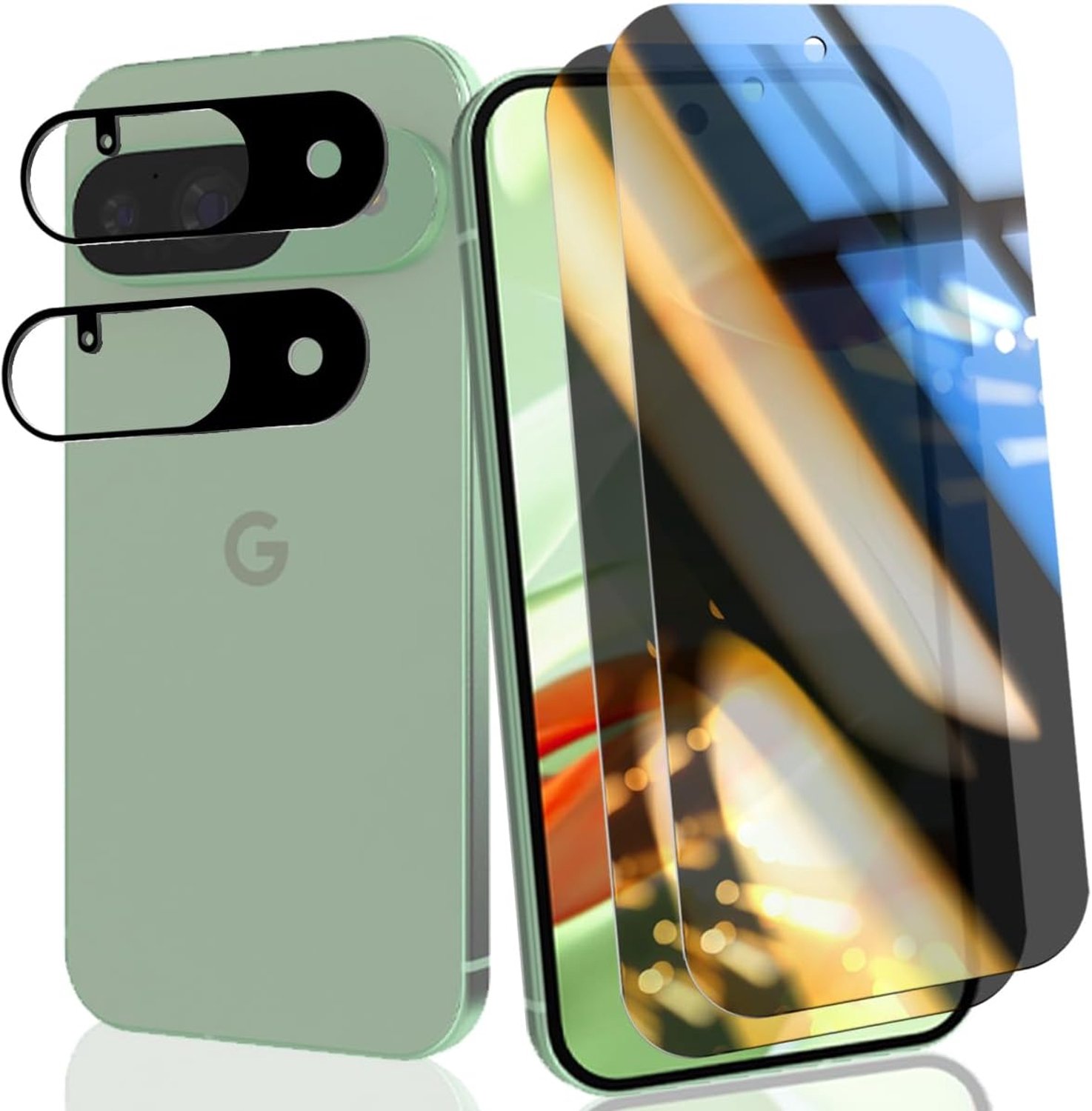 2 + 2 stuks gehard glas voor Google Pixel 9 Pro, privacy-displaybeschermfolie en camerafolie, hardheid 9H, krasbestendig, anti-vingerafdruk, anti-spy displaybeschermfolie
