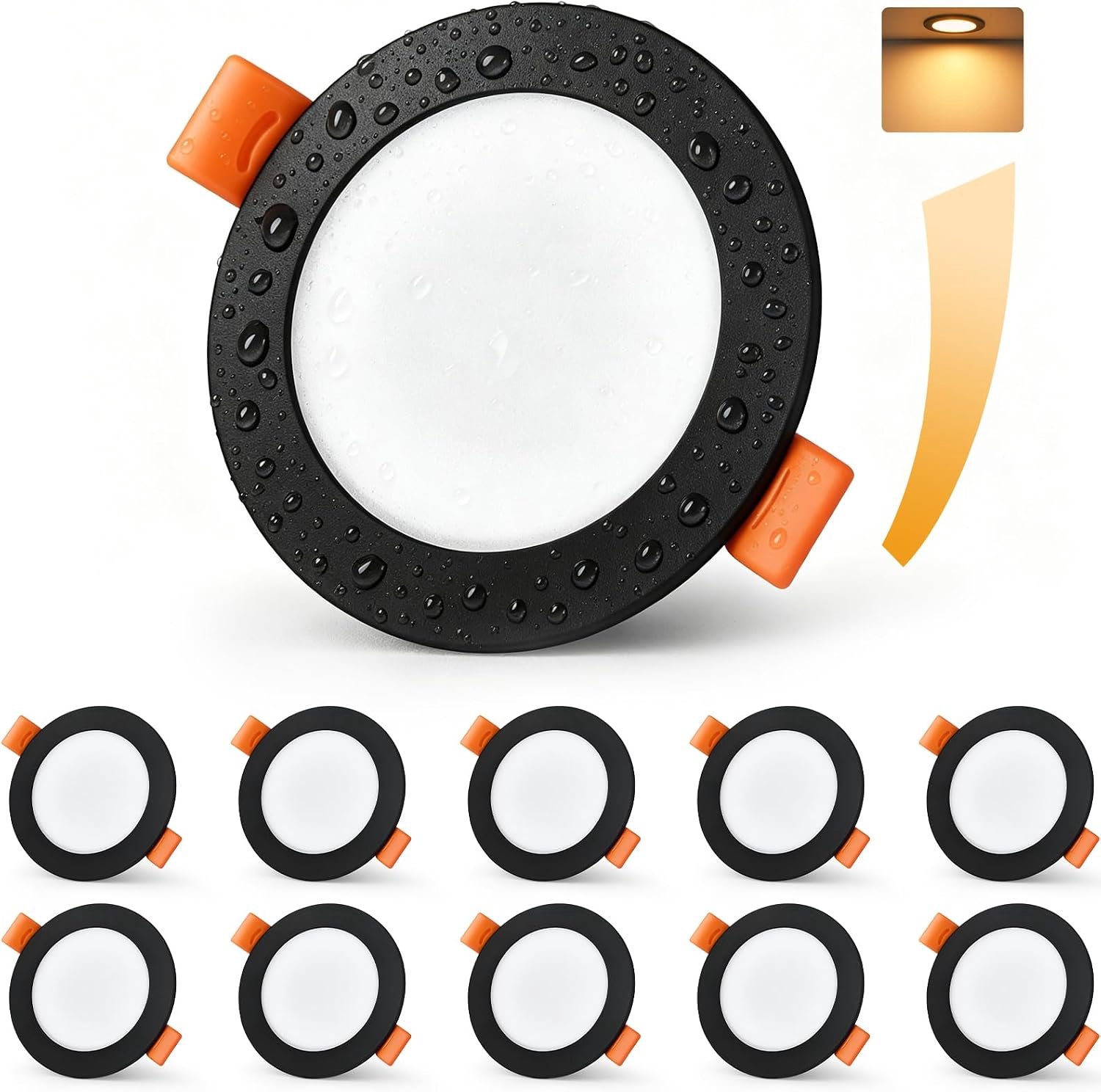 230 V, 5 W, 1090 lm, uitsparing Ø 65-75 mm, dimbaar, extra plat 25 mm, IP44 waterdicht, 4000 K, natuurlijk wit, voor badkamer, keuken en woonkamer, zwart, 10 stuks