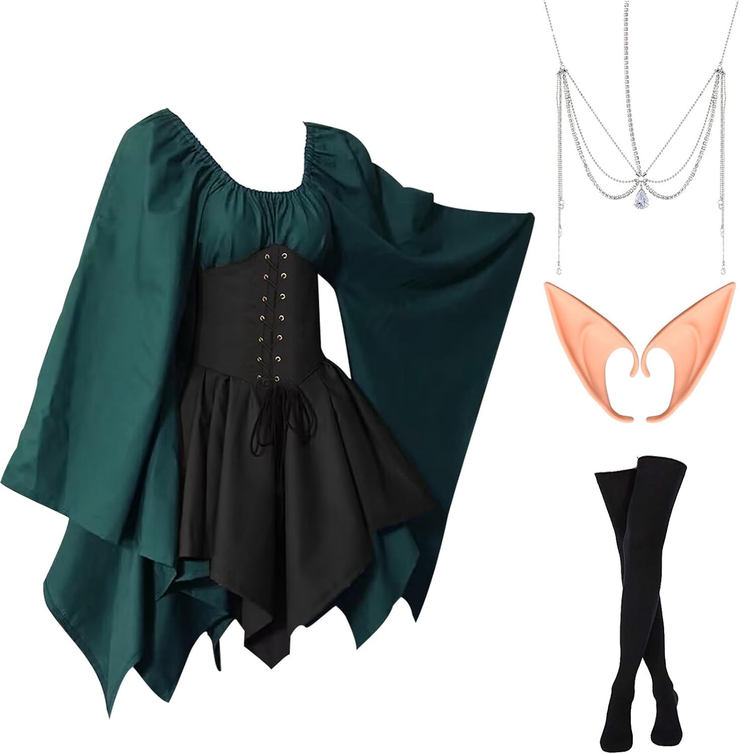 Damesjurk, traditionele Ierse jurk, kostuum voor dames, gothic jurk voor dames, renaissance, elfenkostuum met elfenoren, haarsieraden, overknee-sokken voor carnaval, cosplay