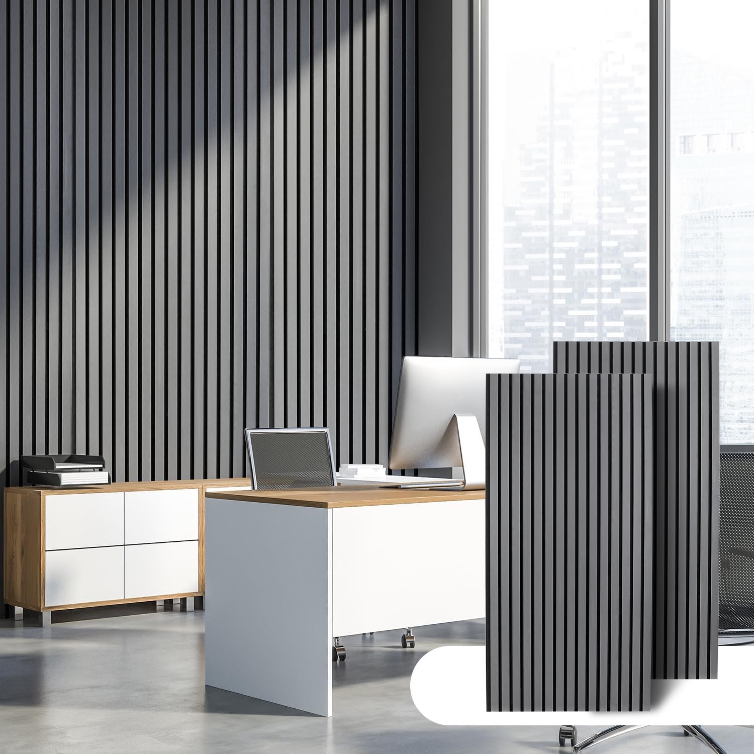 panelen van hout, 120 x 60 cm, 2 stuks wandpanelen voor ruimteakoestiek verbetering, houten panelen met houtfineer en vilt, 3D-panelen voor binnenruimtes, wandbekleding, grijs