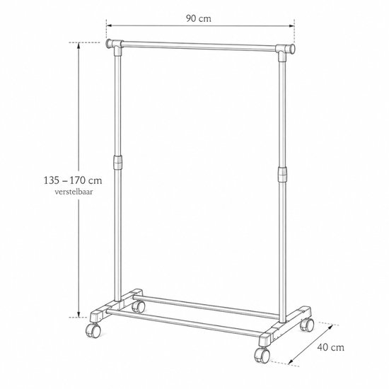 Technische tekening van een kledingrek met afmetingen: 90 cm breed, 40 cm diep en 135-170 cm verstelbaar in de hoogte.
