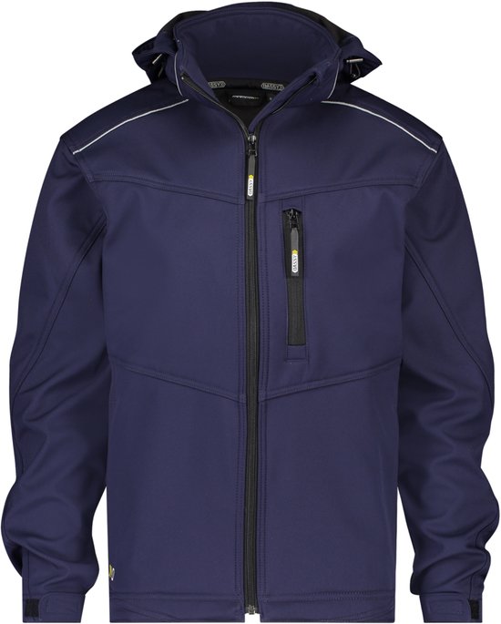Donkerblauwe DASSY softshelljas met capuchon, ritssluiting en reflecterende biezen op de schouders.
