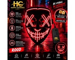 Happy Goodies Halloween LED Masker Rood – Lichtgevend Purge Masker – 3 Lichtstanden – Inclusief 2 AA Batterijen – Verkleedmasker voor Halloween & Feest