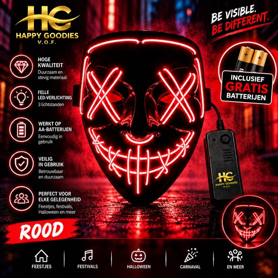 Rood Happy Goodies LED-masker met 3 lichtstanden, inclusief gratis batterijen. Perfect voor feesten, Halloween.