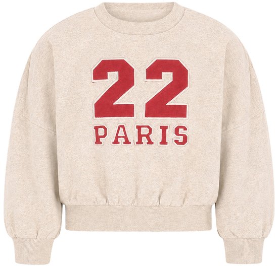 Beige sweater met ronde hals, pofmouwen en rode '22 PARIS' applicatie op de borst.
