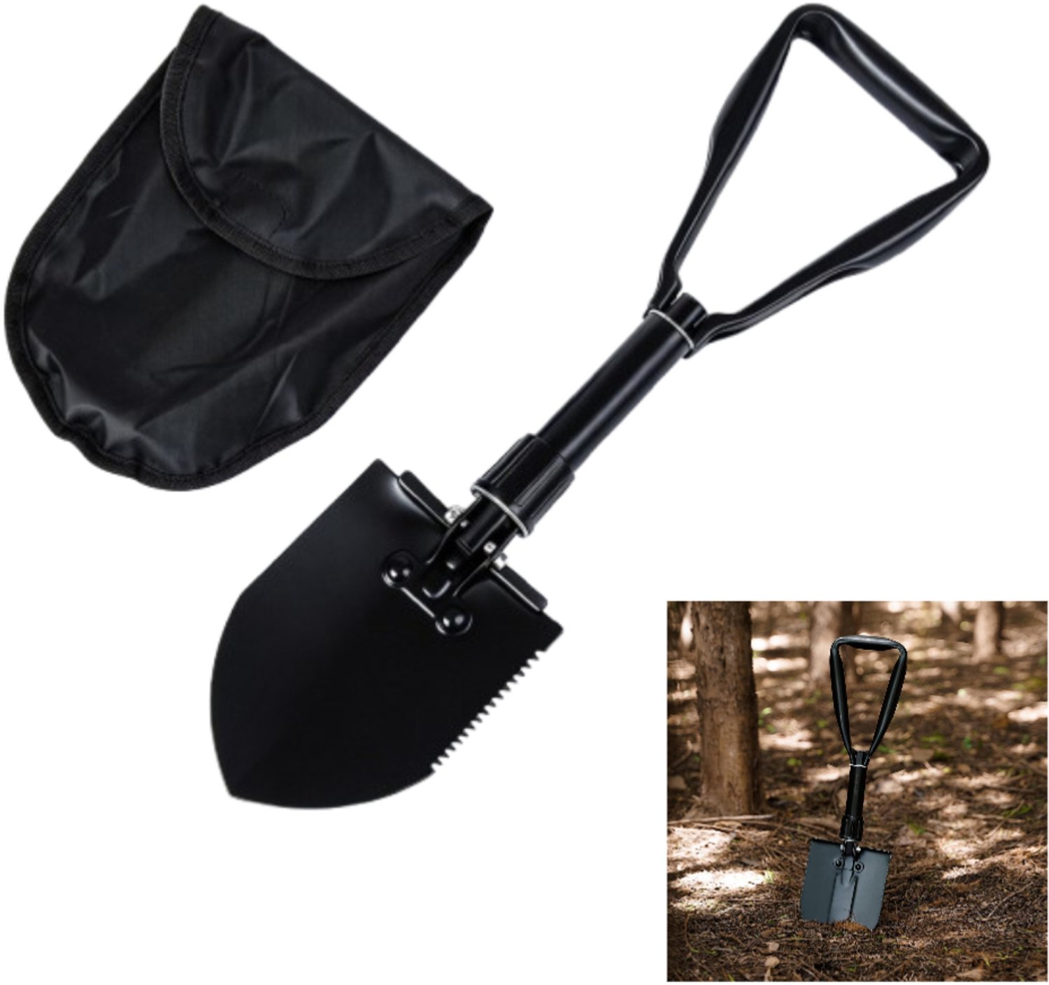 Opvouwbare schep - Autoschep - Tuinschep - Campingschep - Metalen schep - Graafgereedschap - Buitengereedschap - 48x11,5 cm - Geschikt voor diverse klussen zoals graven, scheppen en zagen tijdens kamperen en wandelen - Zwart
