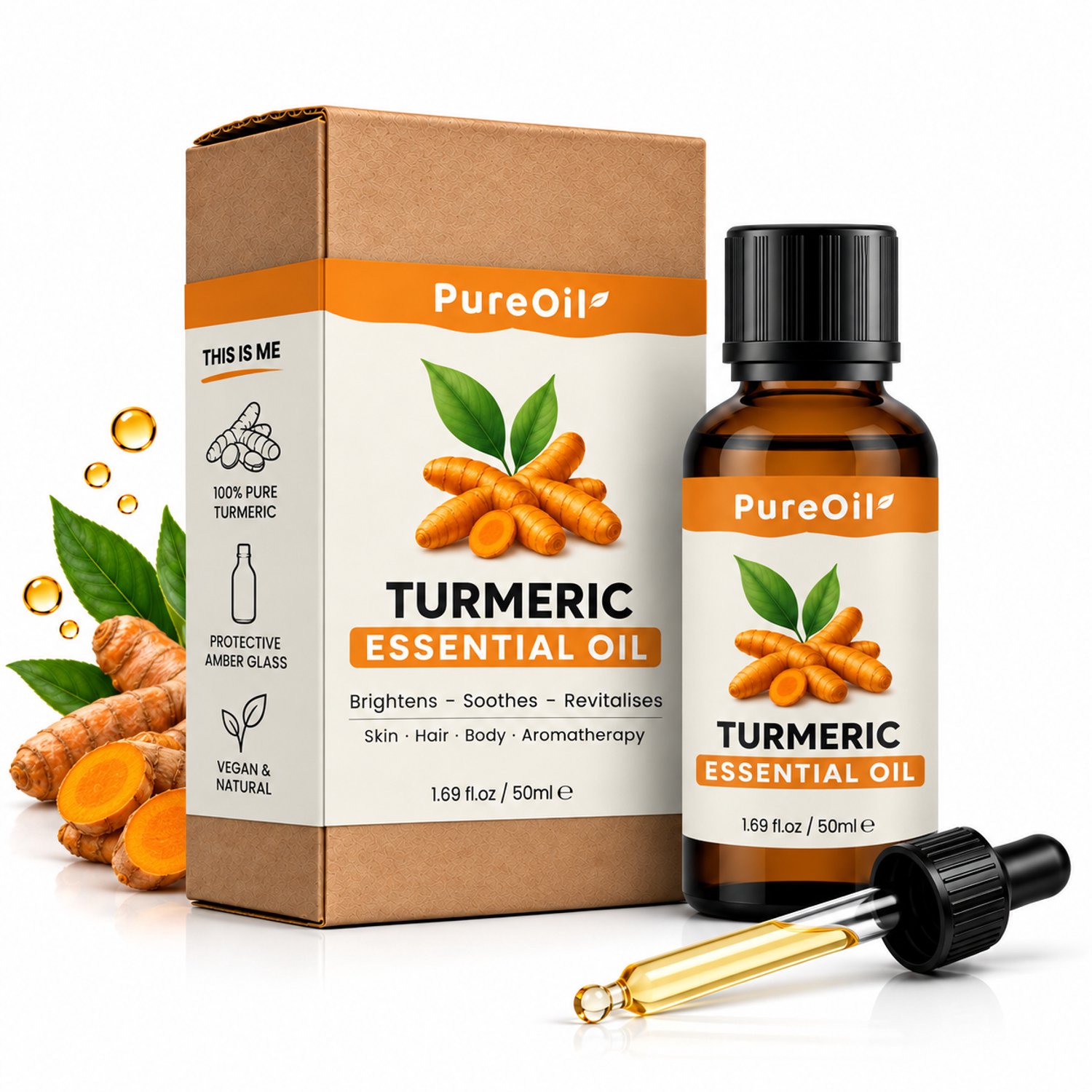 PureOil - Kurkuma Olie - 50ml - Etherische Olie - Turmeric Oil Voor Haar | Huid | Gezicht | Scalp - Tegen Acne en Onzuiverheden - 100% Puur, Natuurlijk & Vegan - Voor Haargroei