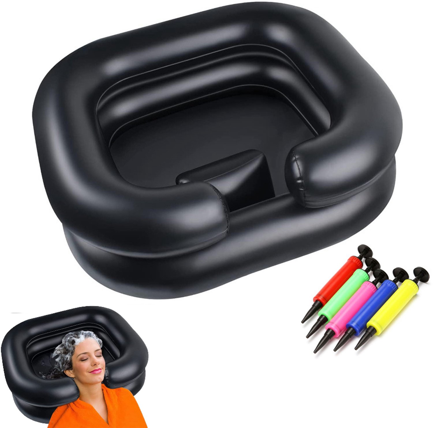 Haarwasbak – Opblaasbare haarwasbak – Ingebouwd kussen – Inclusief luchtpomp – Geschikt voor bedlegerigen, zwangere vrouwen, kinderen, gewonden, patiënten na een operatie (Zwart – 51 x 59 x 21 cm)