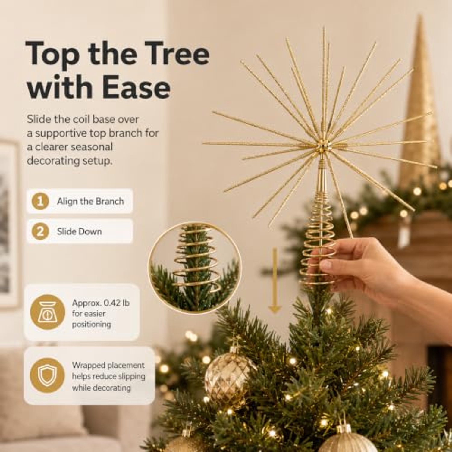 Kerstboomversiering - Kerstboom Piek - Gouden Ster Topper - Stervormige Boomtopper - Kerstboom Woonkamer - 37 x 37 x 6 cm - Goud – foto 2