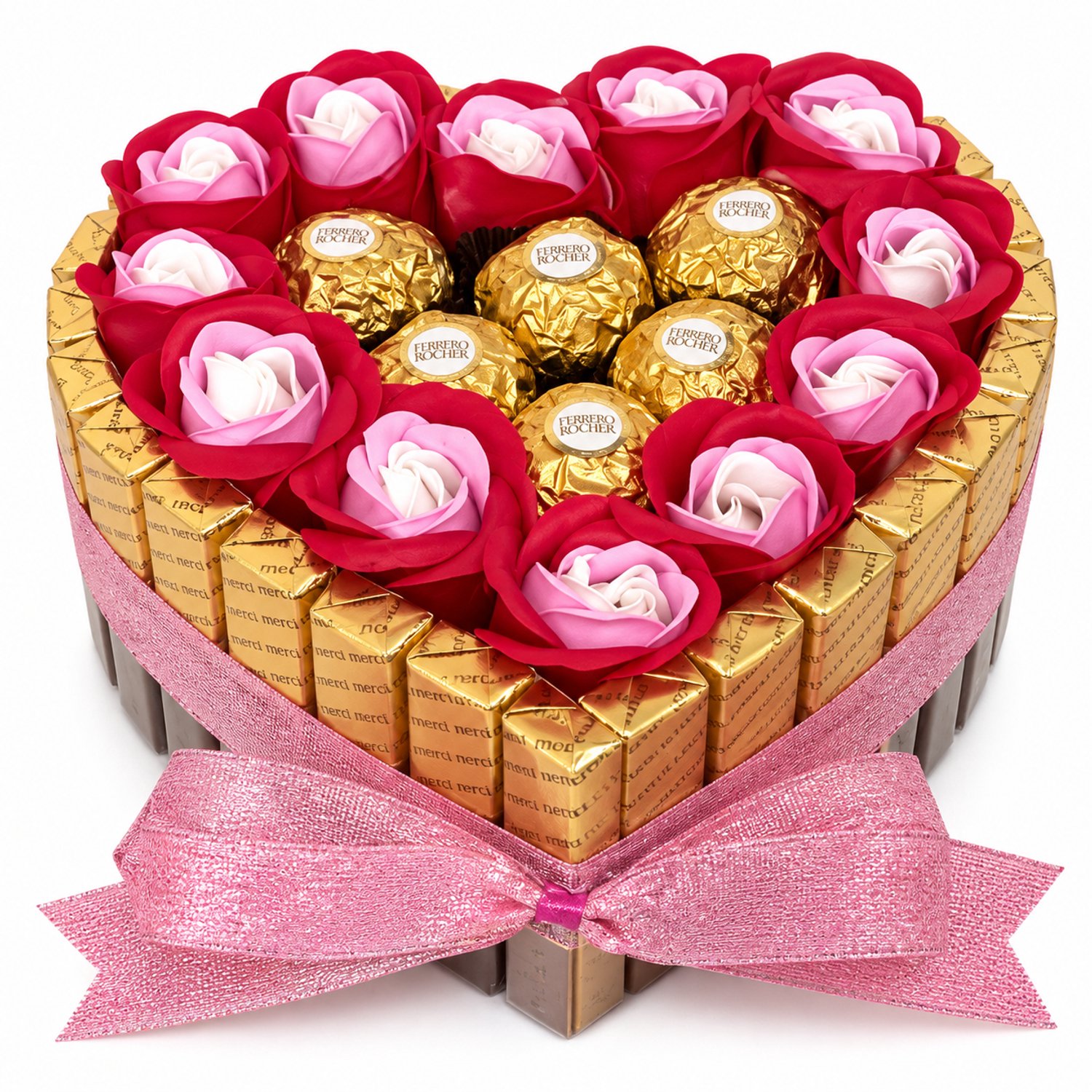 Nina's Giftshop® Chocolade Hart met Merci & Ferrero Rocher – Roze & Witte Zeeprozen – Roze Lint – Valentijn Cadeau – Chocolade Geschenk – Cadeau voor Hem & Haar – Liefdescadeau