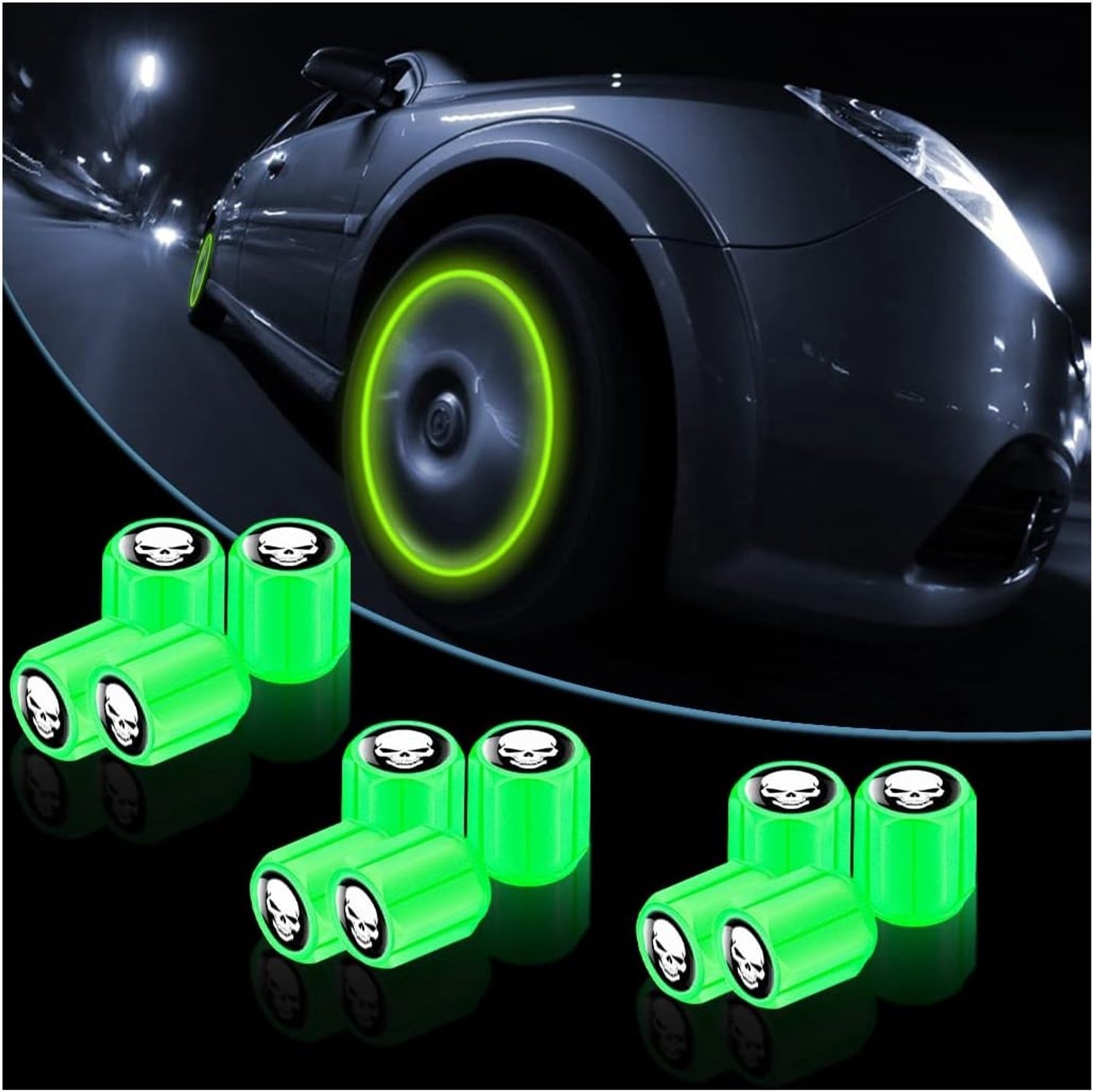 Set van 12 Fluorescerende Ventieldoppen voor Auto's, Fietsen en Motoren - Skulls, Groen, Universele Pasvorm