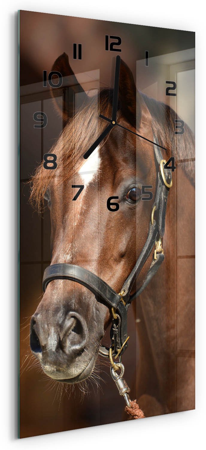 Tulup Wandklok - Portret van een paard Klok Glas Met Opdruk - 30x60 cm - Bruin Moderne Wandklok Glas - Zwarte handen - Rechthoekige Klok - Decoratieve Glazen Klok - Glazen Wandklok Design