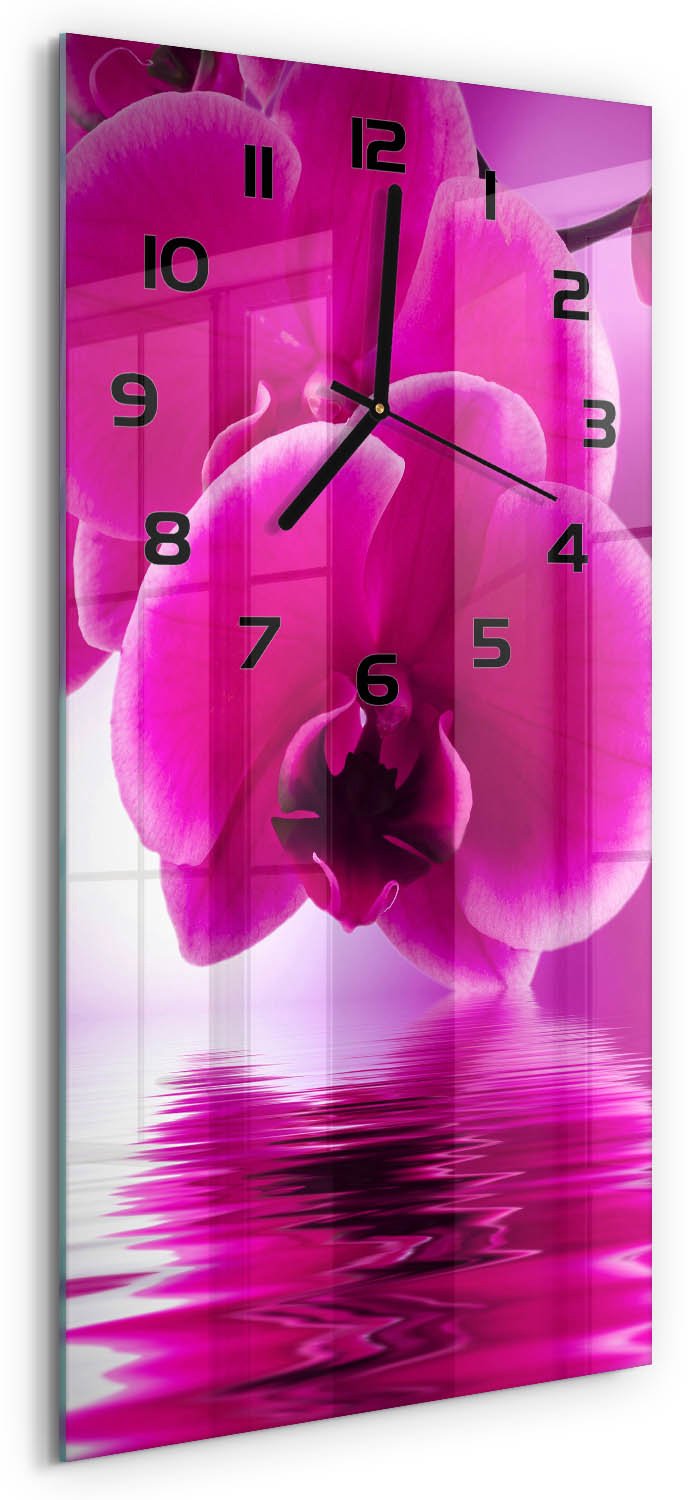 Tulup Wandklok - Roze orchidee Glazen Klok Met Print - 30x60 cm - Roze Wandklok Glas Met Motief - Zwarte handen - Rechthoekige Klok - Wandklok Glas Decoratie - Gekleurde Glazen Klok