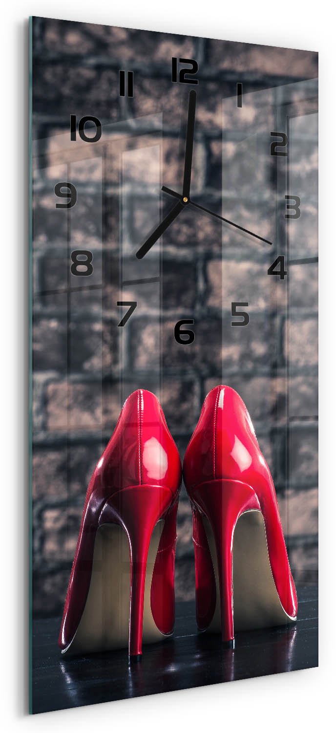 Tulup Wandklok - Rode hoge hakken Moderne Wandklok Glas - 30x60 cm - Rood Wandklok Glas Decoratie - Zwarte handen - Rechthoekige Klok - Glazen Wandklok Design - Klok Glas Met Opdruk