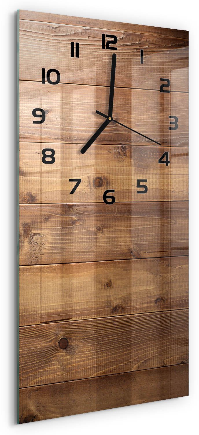 Tulup Wandklok - Houten achtergrond Klok Glas Met Opdruk - 30x60 cm - Bruin Moderne Wandklok Glas - Zwarte handen - Rechthoekige Klok - Decoratieve Glazen Klok - Glazen Wandklok Design