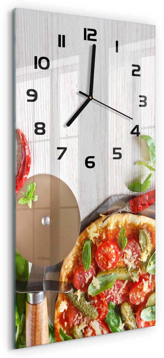 Tulup Wandklok - Pizza Moderne Wandklok Glas - 30x60 cm - Rood Wandklok Glas Decoratie - Zwarte handen - Rechthoekige Klok - Glazen Wandklok Design - Klok Glas Met Opdruk