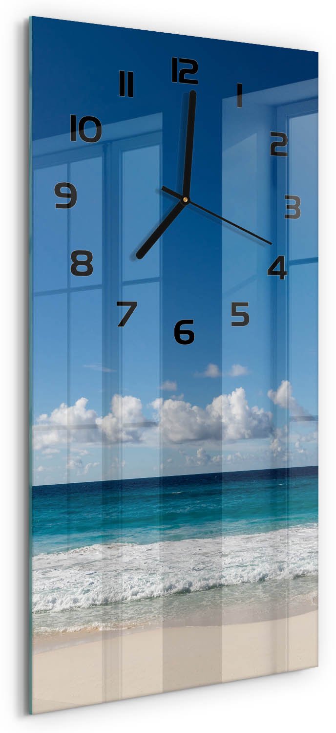 Tulup Wandklok - strand op de Seychellen Glazen Wandklok Design - 30x60 cm - Blauw Klok Glas Met Opdruk - Zwarte handen - Rechthoekige Klok - Wandklok Glas Met Motief - Decoratieve Glazen Klok