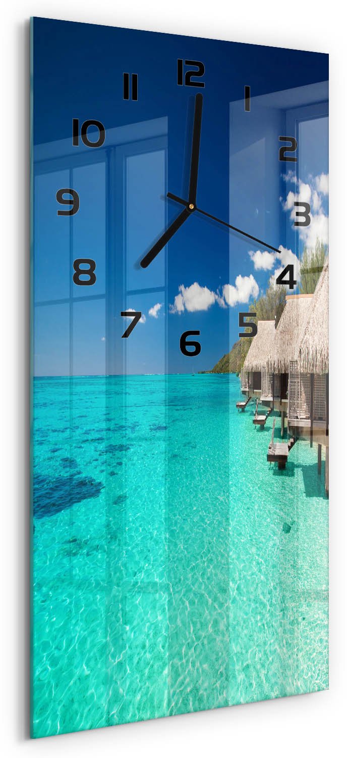Tulup Wandklok - Tropisch eiland Wandklok Glas Met Motief - 30x60 cm - Blauw Decoratieve Glazen Klok - Zwarte handen - Rechthoekige Klok - Gekleurde Glazen Klok - Glazen Klok Met Print