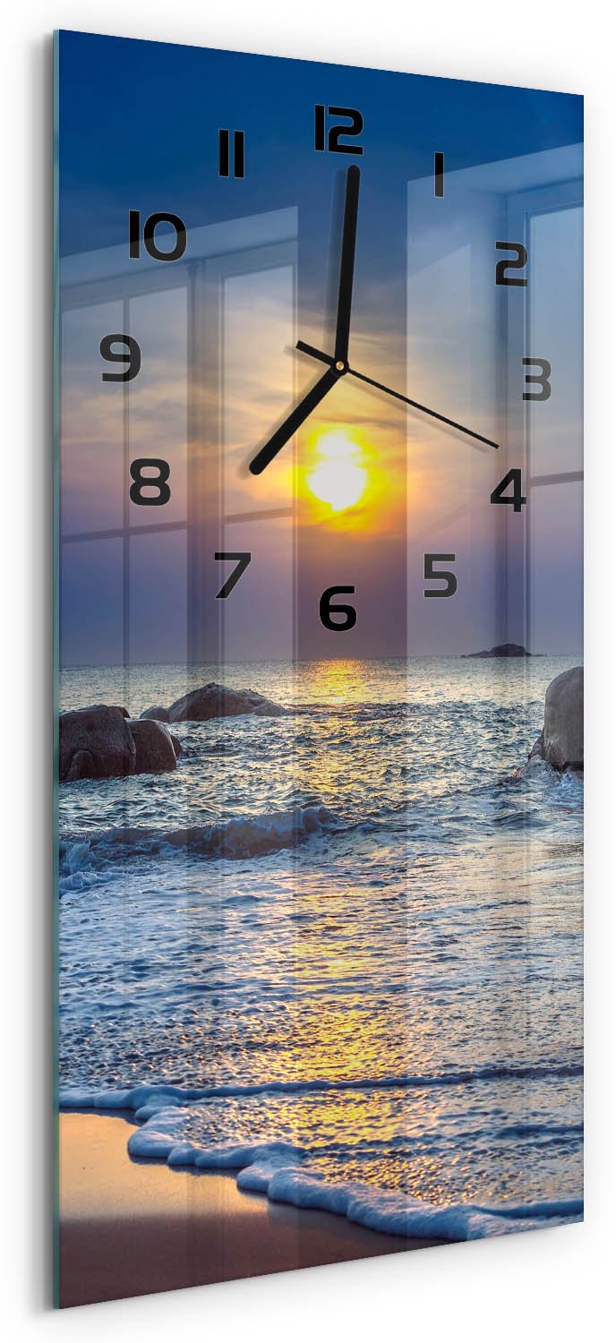 Tulup Wandklok - Zonsondergangstrand Klok Glas Met Opdruk - 30x60 cm - Blauw Moderne Wandklok Glas - Zwarte handen - Rechthoekige Klok - Decoratieve Glazen Klok - Glazen Wandklok Design