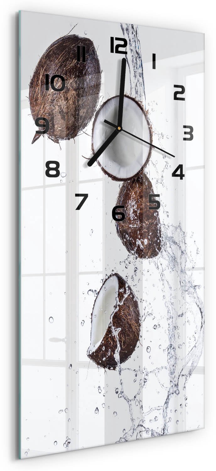 Tulup Wandklok - Kokosnoot met water Klok Glas Met Opdruk - 30x60 cm - Bruin Moderne Wandklok Glas - Zwarte handen - Rechthoekige Klok - Decoratieve Glazen Klok - Glazen Wandklok Design