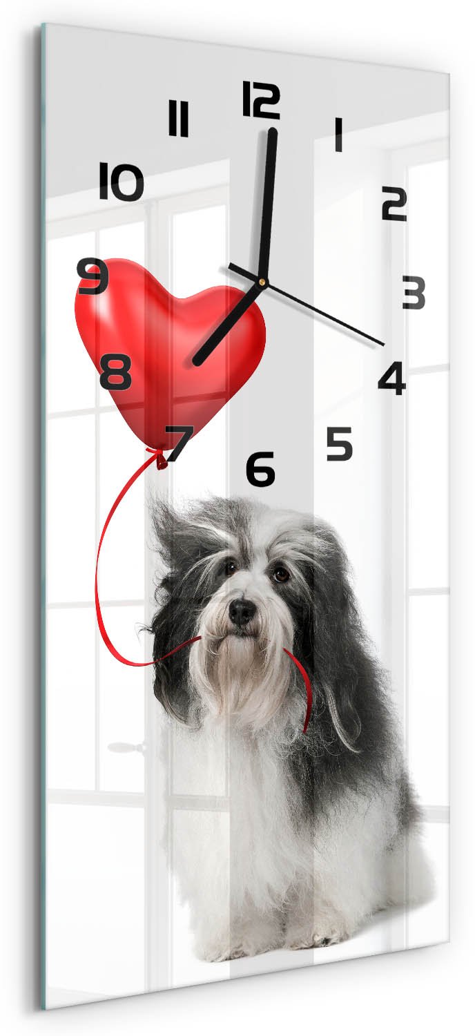 Tulup Wandklok - Havanese met een ballon Moderne Wandklok Glas - 30x60 cm - Rood Wandklok Glas Decoratie - Zwarte handen - Rechthoekige Klok - Glazen Wandklok Design - Klok Glas Met Opdruk